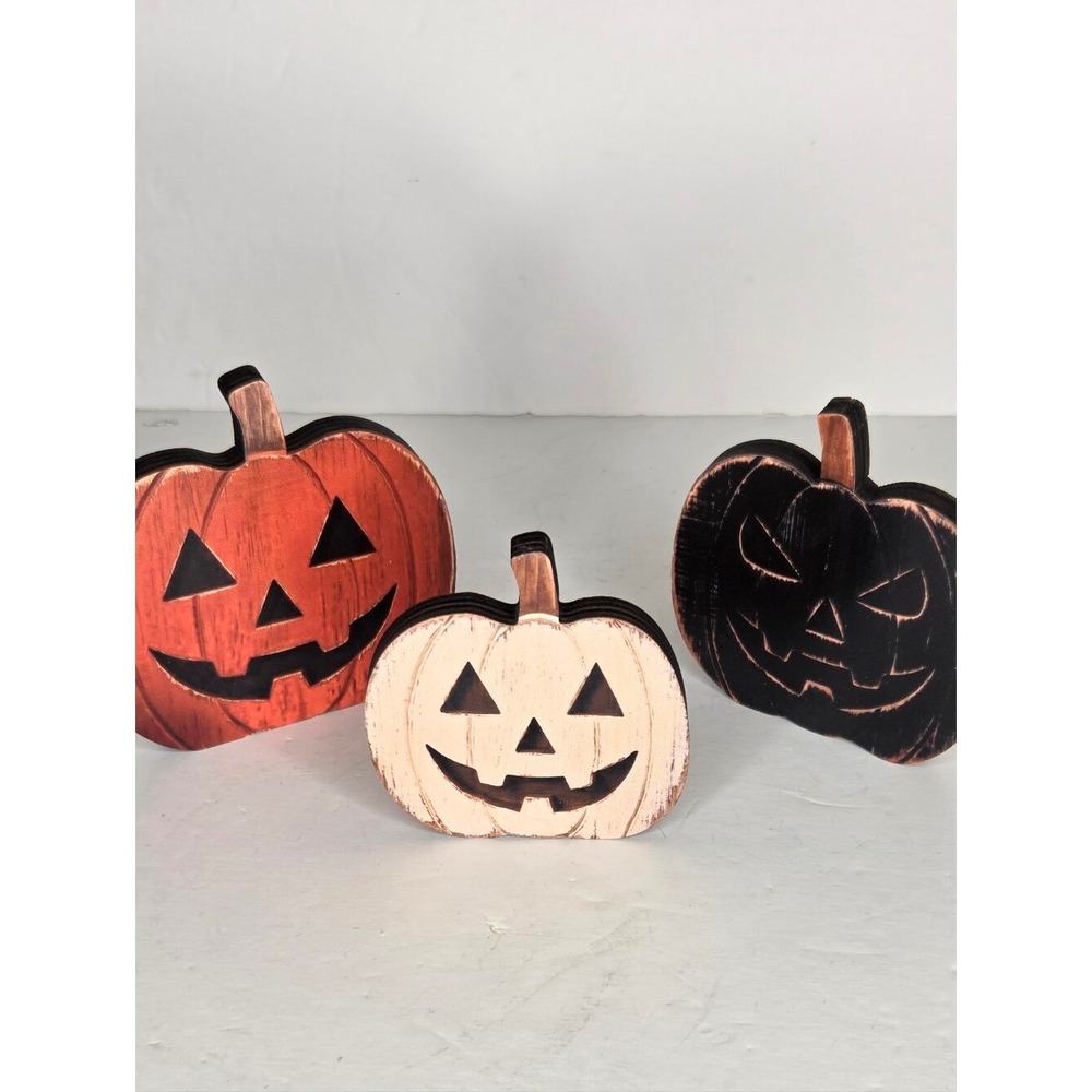 Halloween Set of 3 Carved Wooden Pumpkins Orange Black White Tier Tray